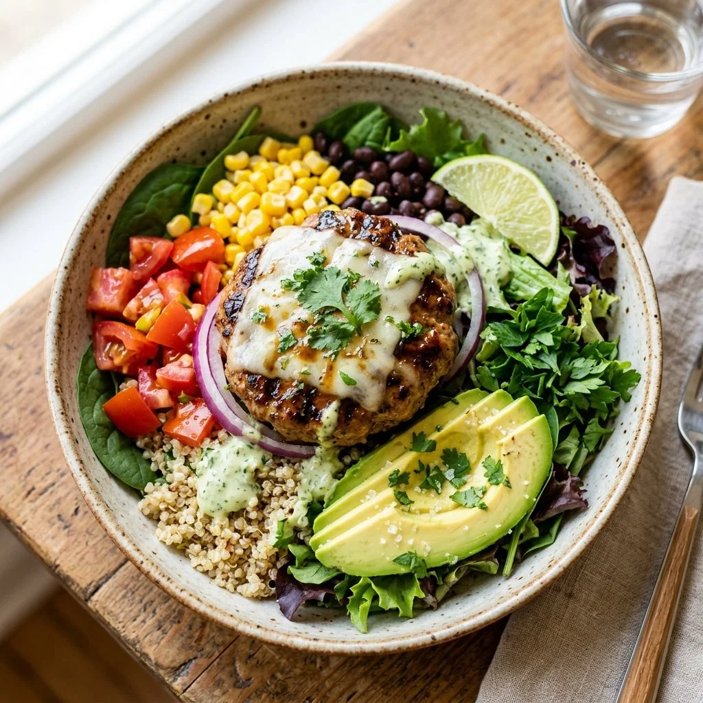 Healthy turkey burger bowls topped with fresh vegetables and sauces