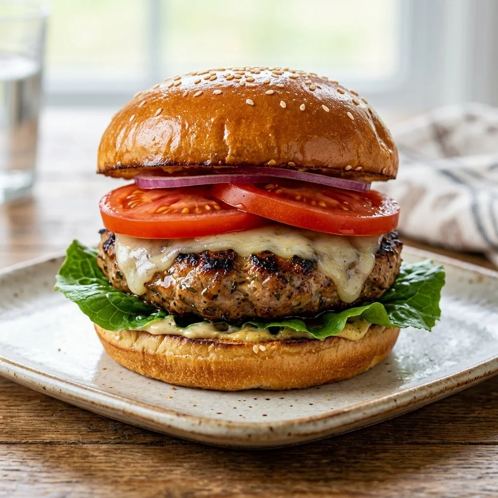 Delicious homemade turkey burgers served with fresh vegetables