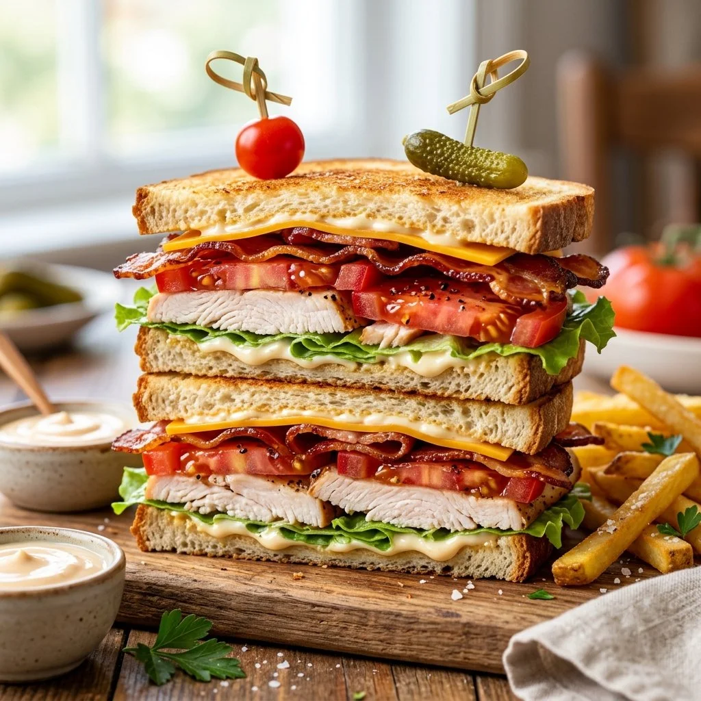Delicious Turkey Club Sandwich with layers of turkey, bacon, and fresh veggies