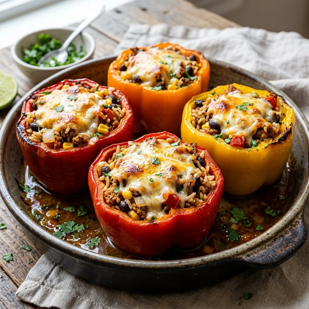 Turkey stuffed peppers recipe with bell peppers and ground turkey filling.