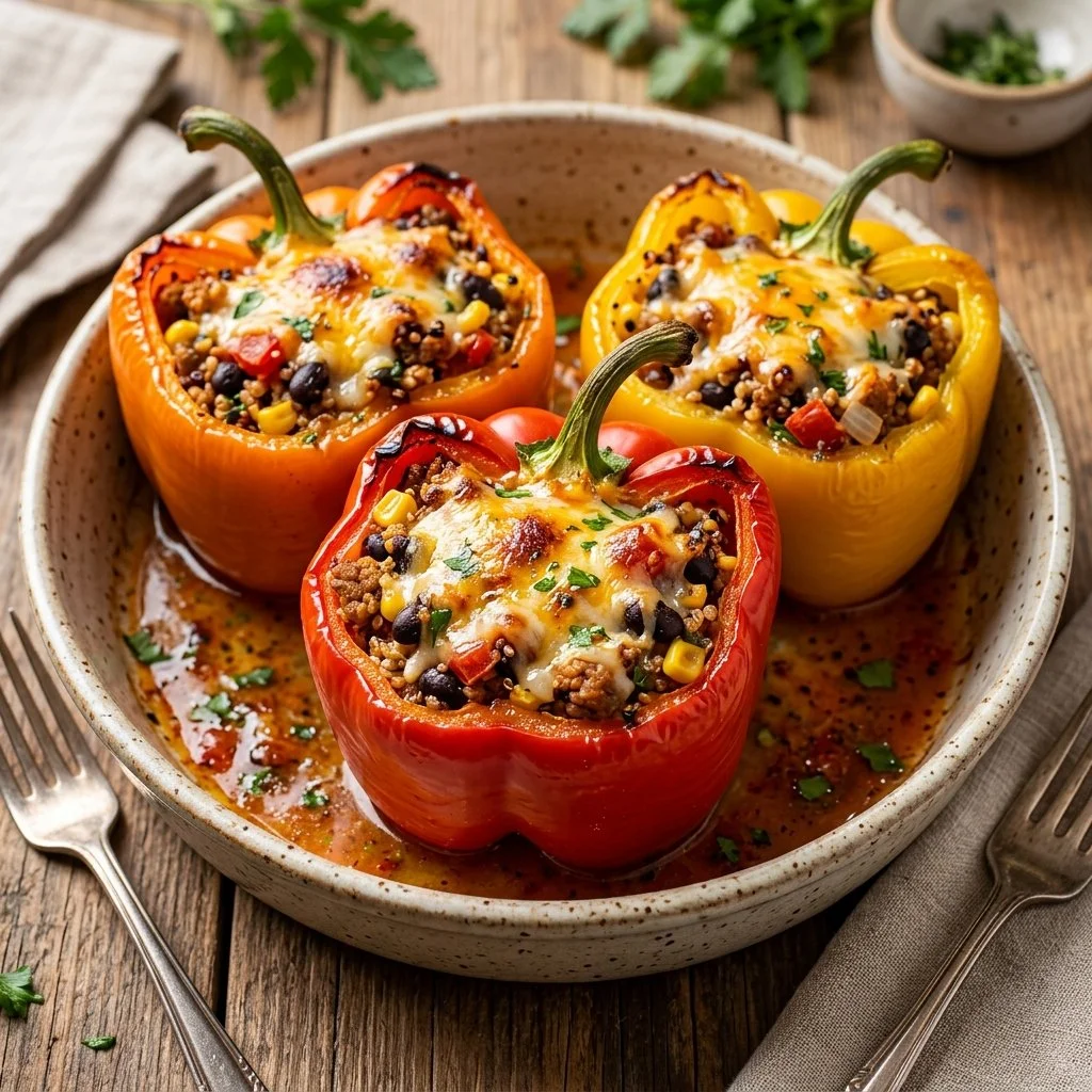 Turkey stuffed peppers ready to be served, colorful and nutritious.