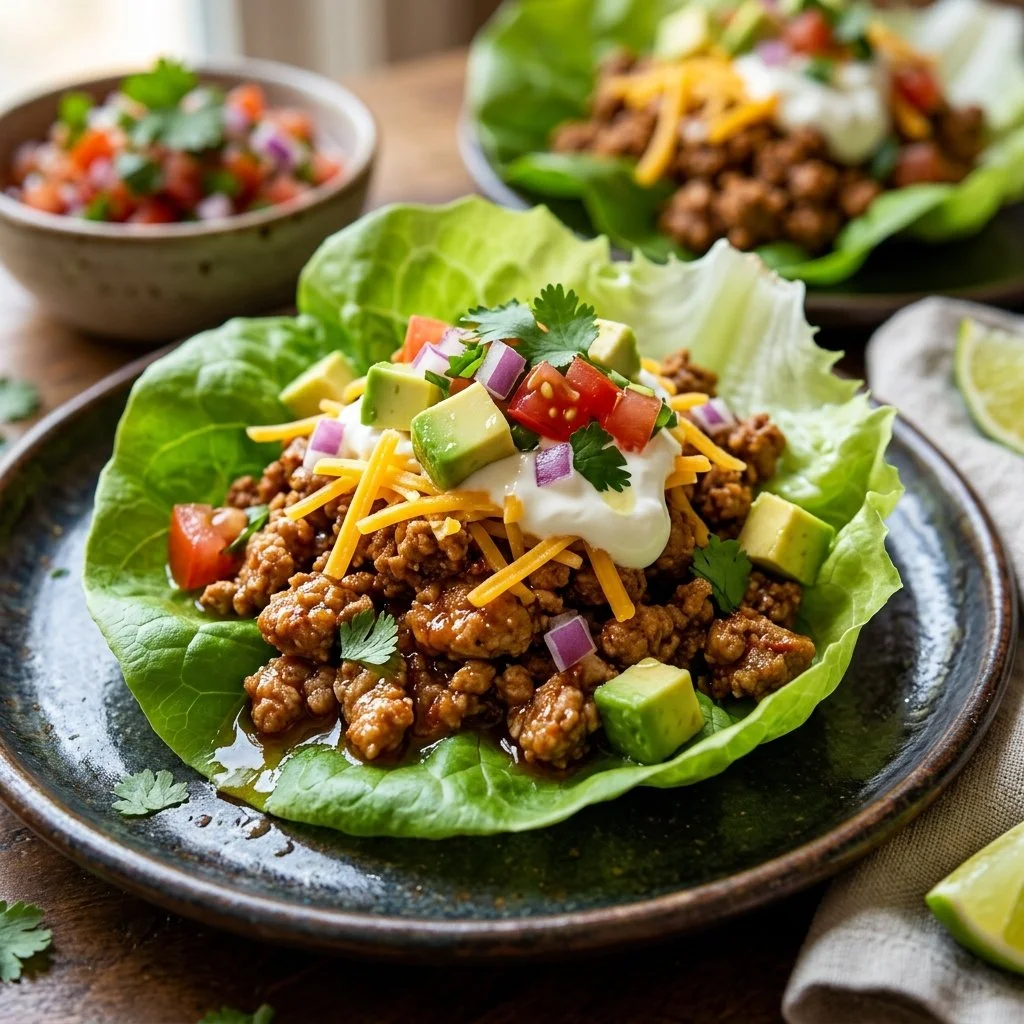 Turkey Taco Lettuce Wraps with fresh vegetables and toppings