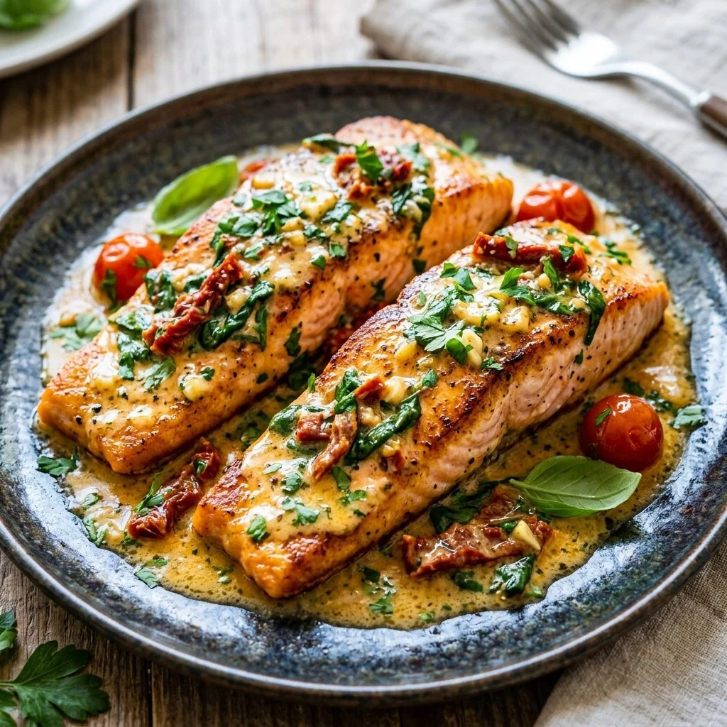 Delicious Tuscan Butter Salmon served with herbs and lemon.