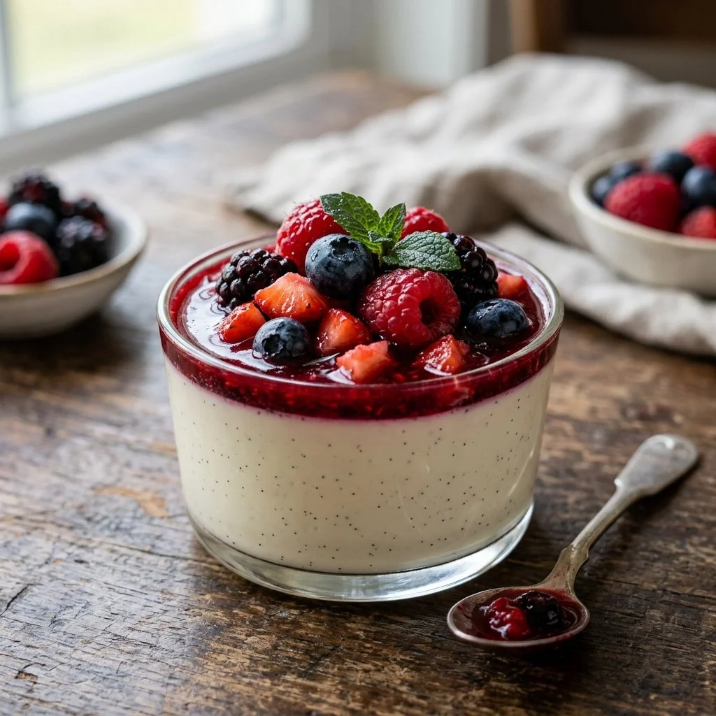 Creamy Vanilla Panna Cotta topped with fresh berries