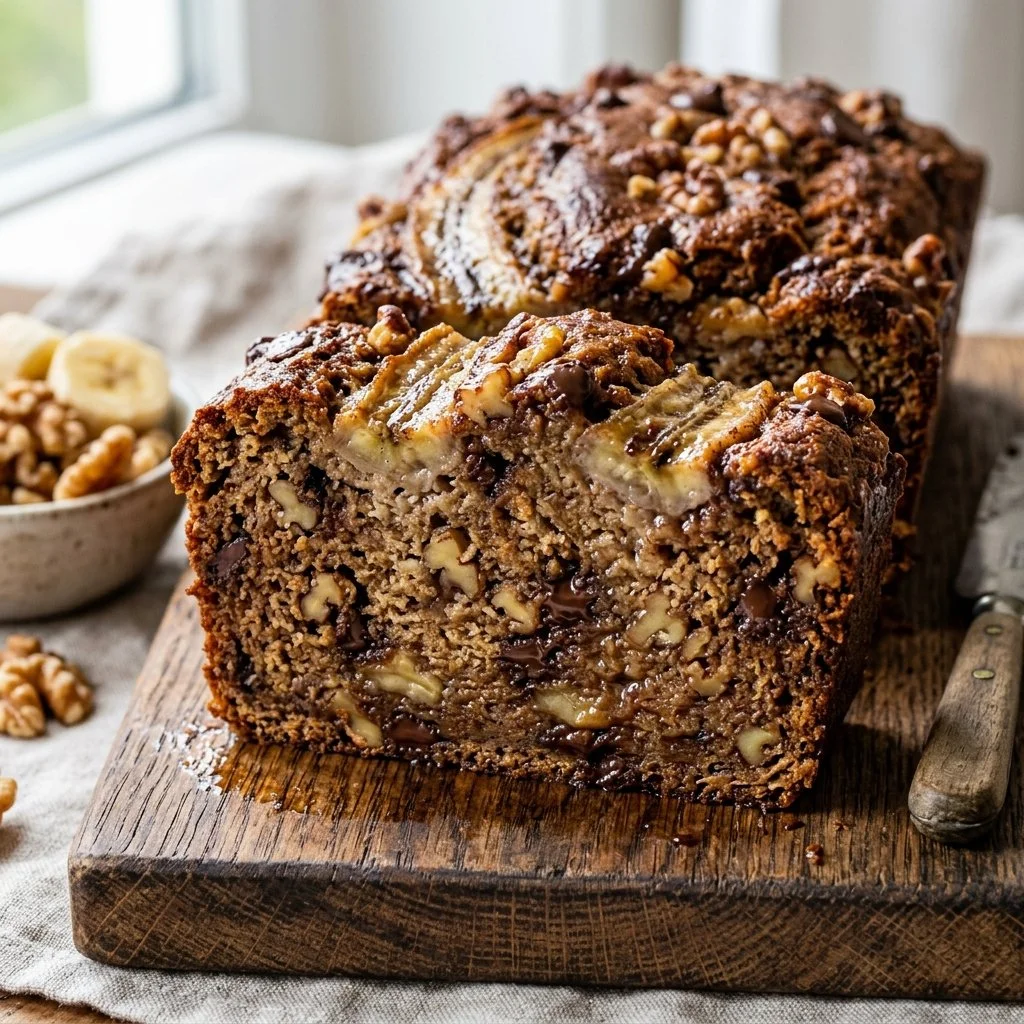 Loaf of vegan banana bread topped with sliced bananas and nuts