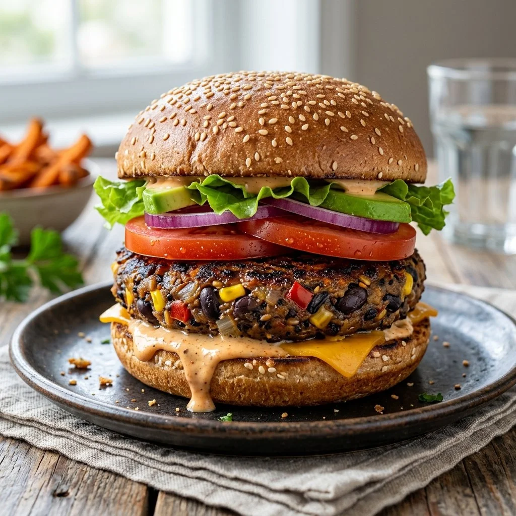 Delicious vegan black bean burger topped with fresh vegetables and served on a bun.