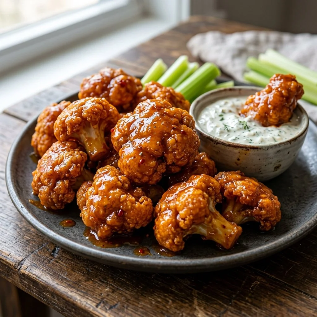 Delicious vegan cauliflower wings served with dipping sauce