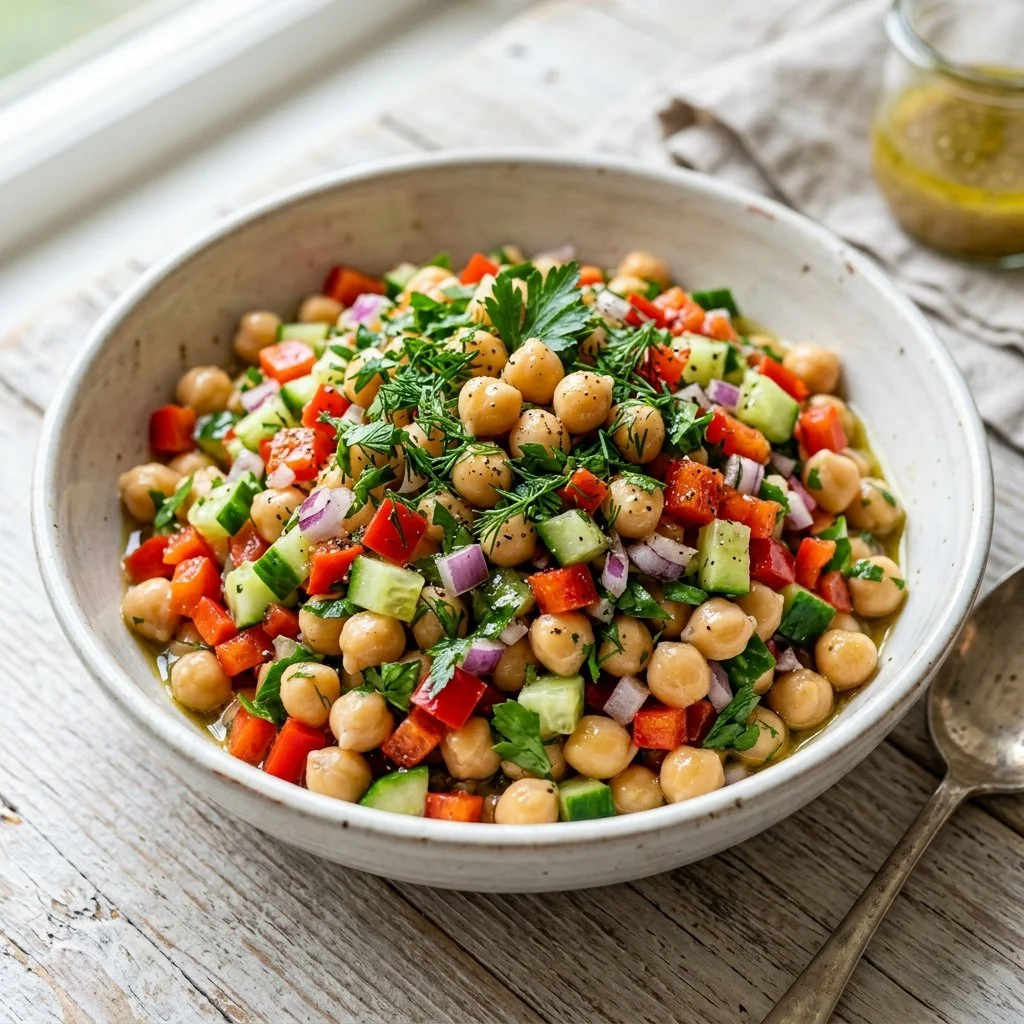 Vegan chickpea salad with fresh vegetables and herbs