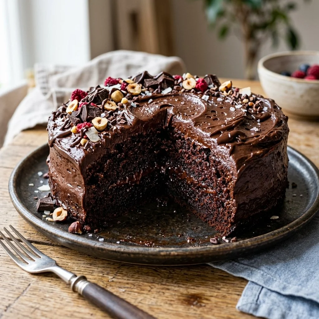Delicious vegan chocolate cake with rich frosting and fresh berries on top