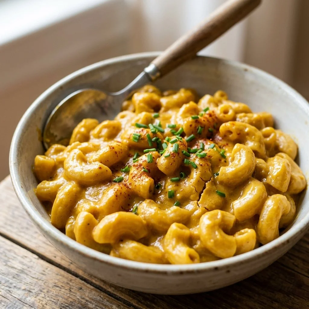 Bowl of delicious Vegan Mac and Cheese made with plant-based ingredients