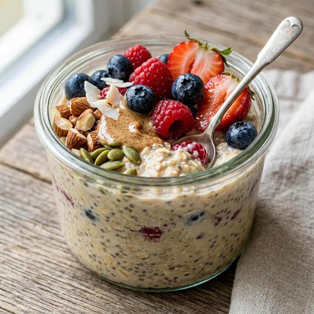 Bowl of vegan overnight oats topped with fresh fruit and nuts for a nutritious breakfast.