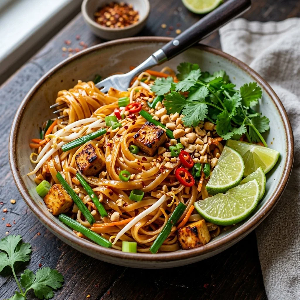 Delicious Vegan Pad Thai garnished with fresh vegetables and lime.