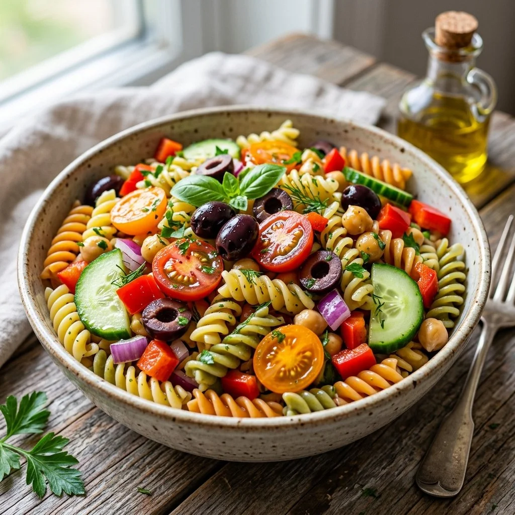 Vibrant vegan pasta salad with fresh vegetables and herbs.