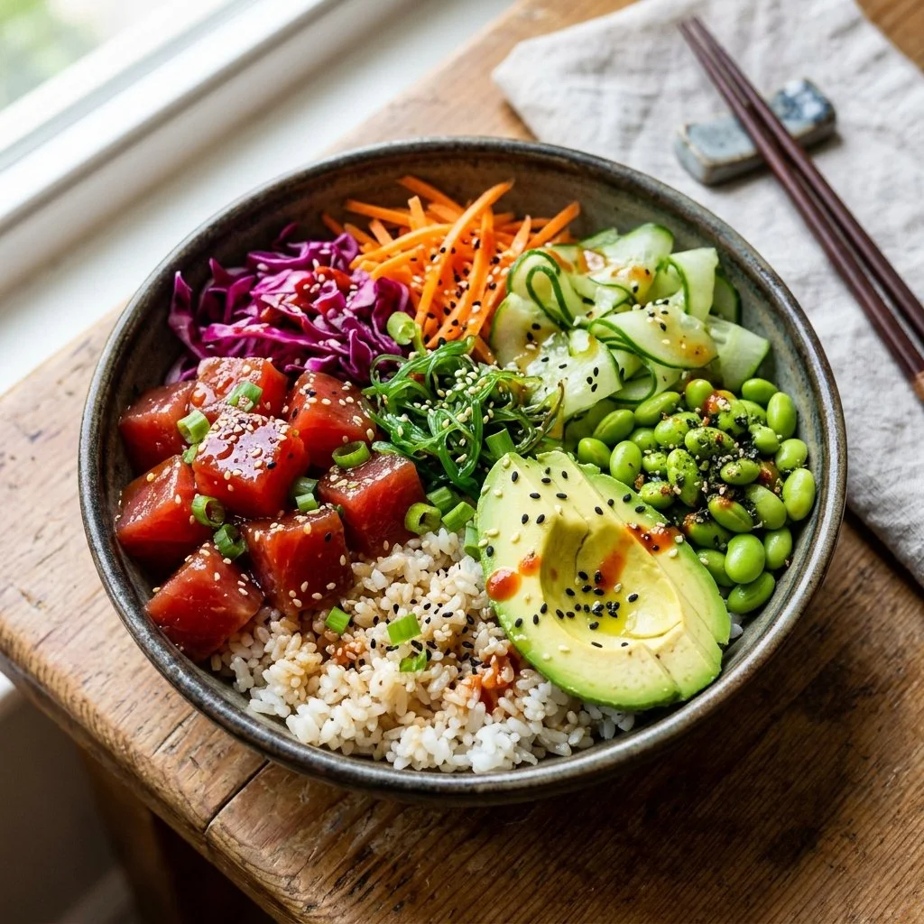 Delicious Vegan Poke Bowl with fresh vegetables and plant-based toppings