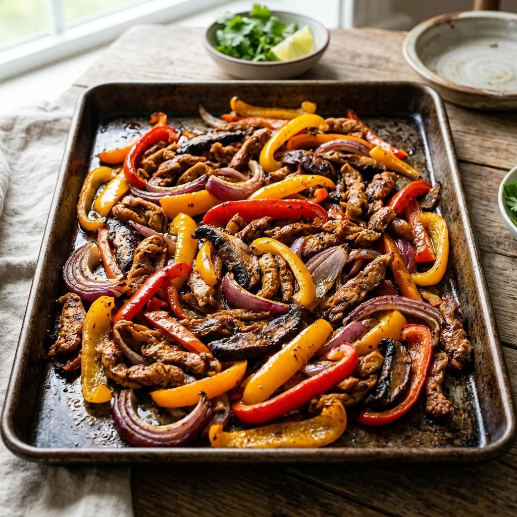 Colorful Vegan Sheet Pan Fajitas with bell peppers and onions