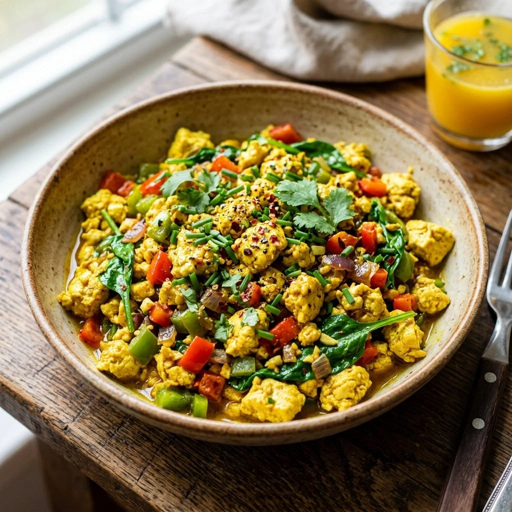 Delicious vegan tofu scramble served on a plate with colorful vegetables