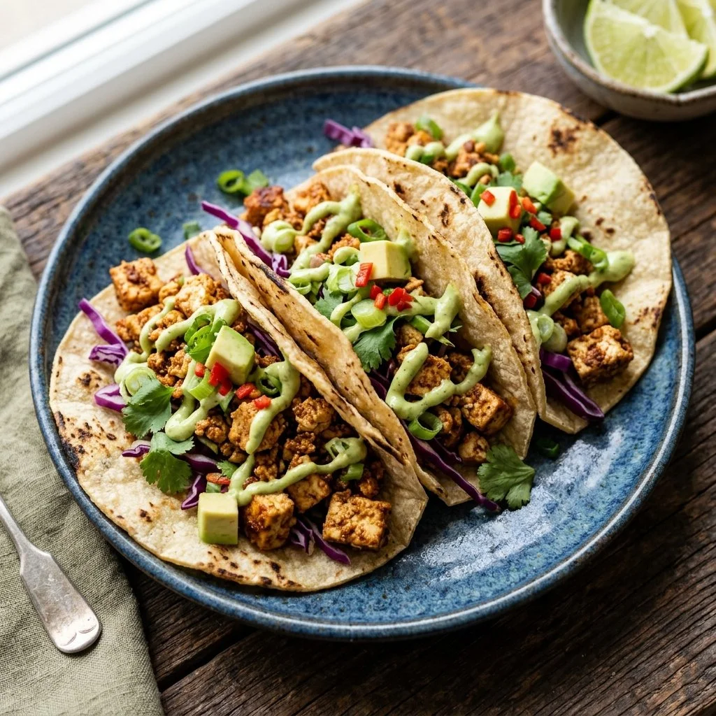 Delicious vegan tofu tacos topped with fresh vegetables and herbs.