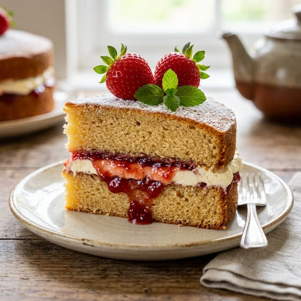 Victoria Sponge Cake with cream and strawberries on a white plate