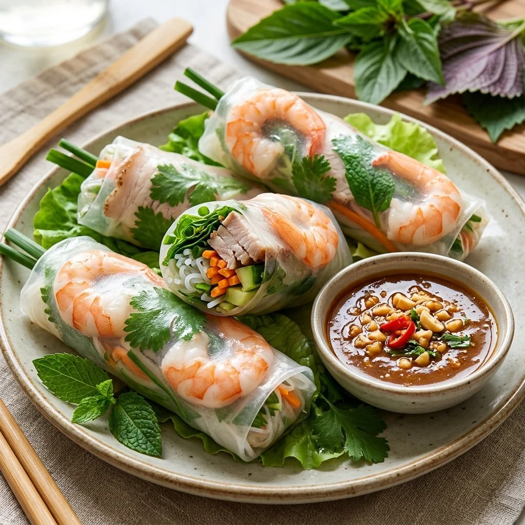 Delicious Vietnamese spring rolls with fresh vegetables and herbs
