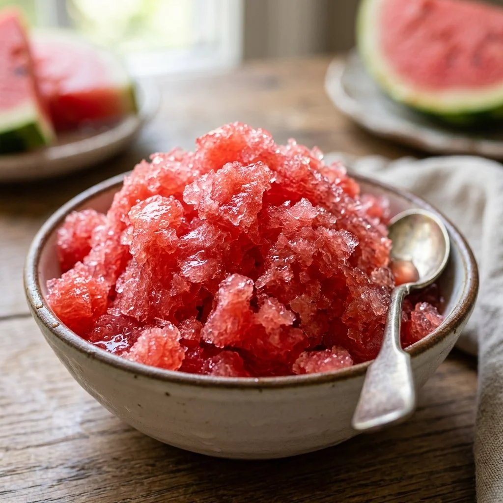 Refreshing watermelon granita dessert served in a bowl