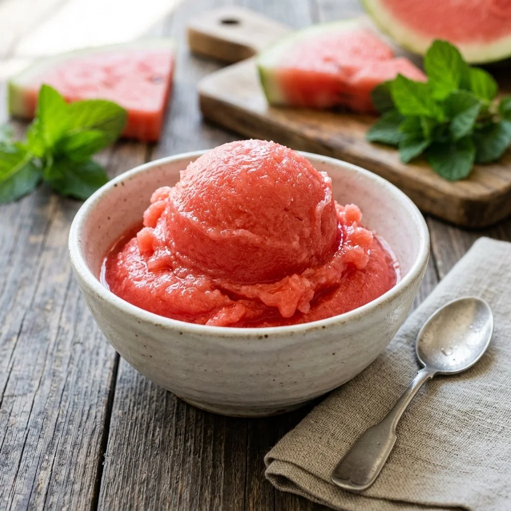 Delicious homemade watermelon sorbet served in a bowl with fresh mint leaves