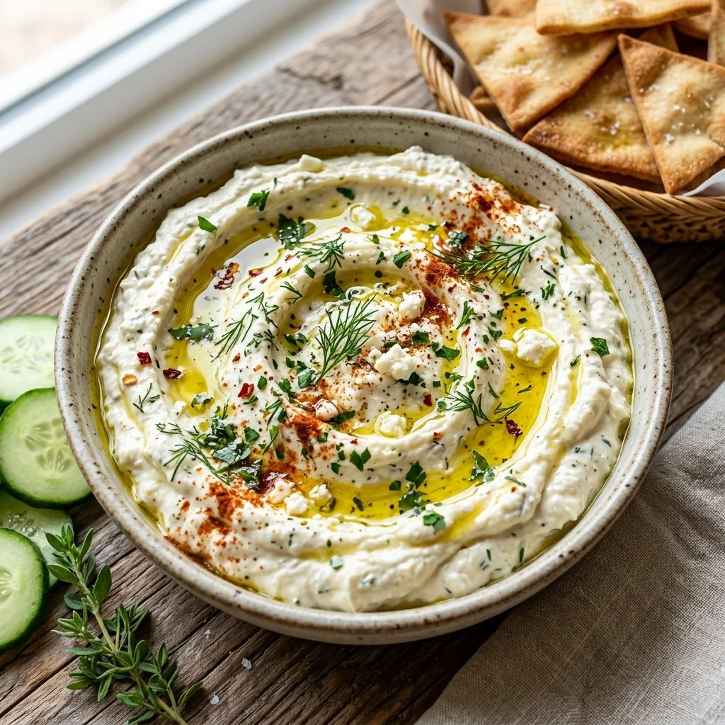 Delicious whipped feta dip served with fresh vegetables and crackers