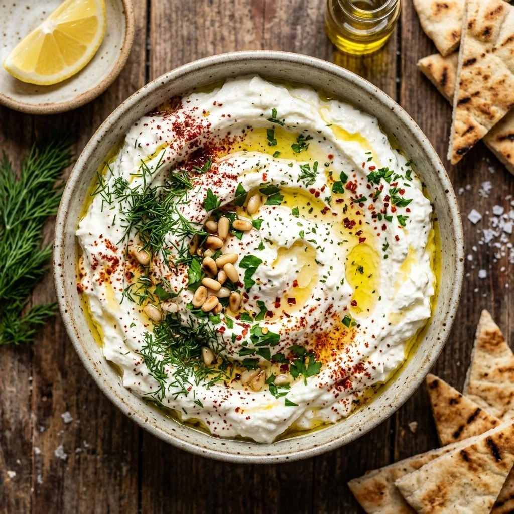 Creamy whipped feta dip served with fresh vegetables and crackers