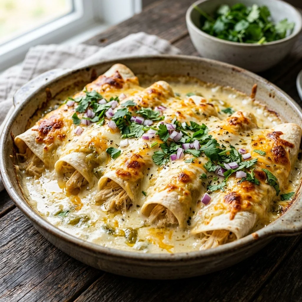 Delicious white chicken enchiladas topped with creamy sauce and garnished.