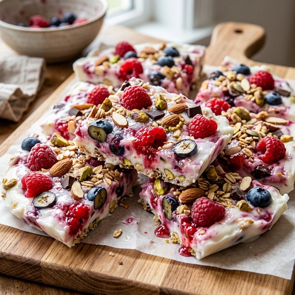 Delicious yogurt bark topped with fruits and nuts on a cutting board