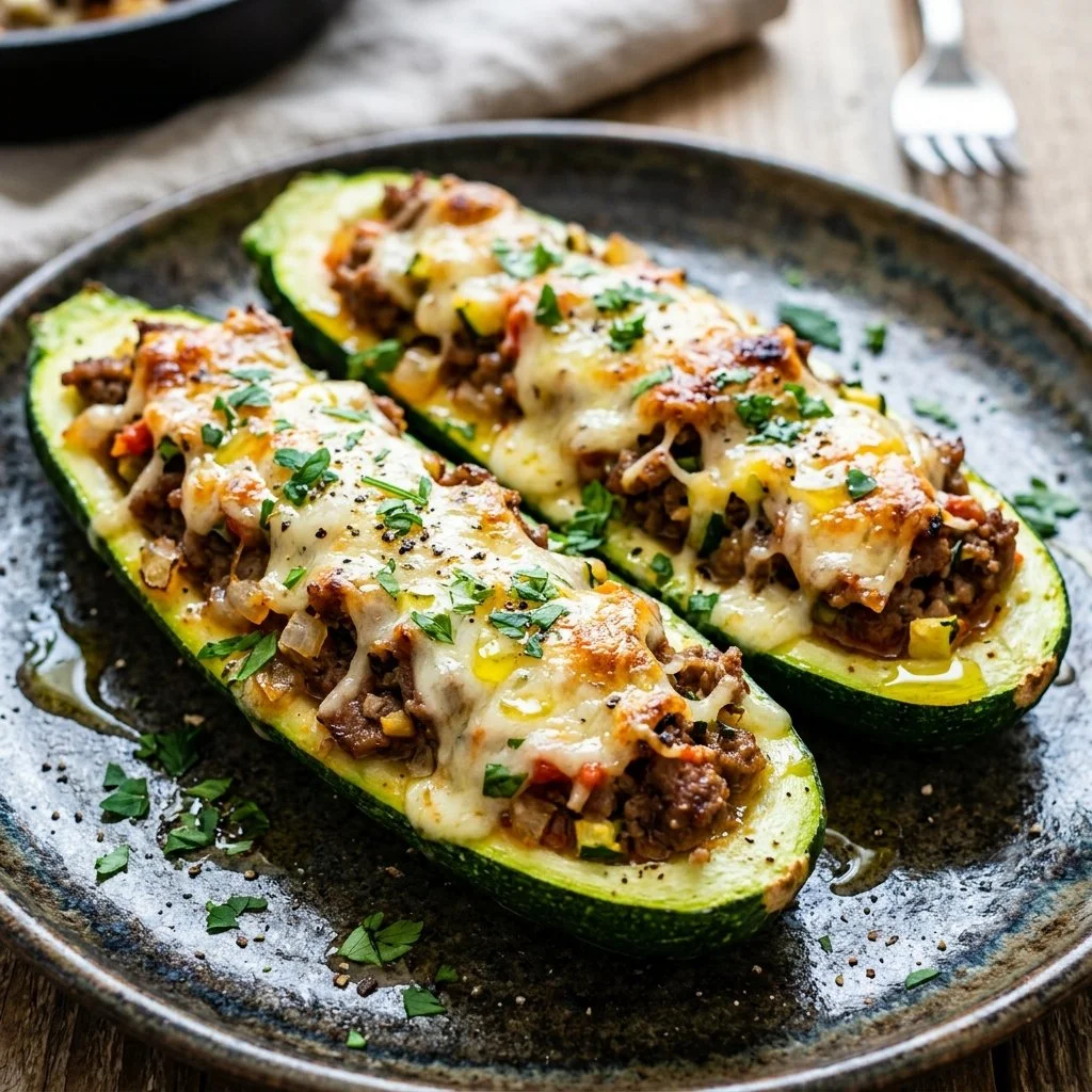 Healthy zucchini boats stuffed with vegetables and cheese
