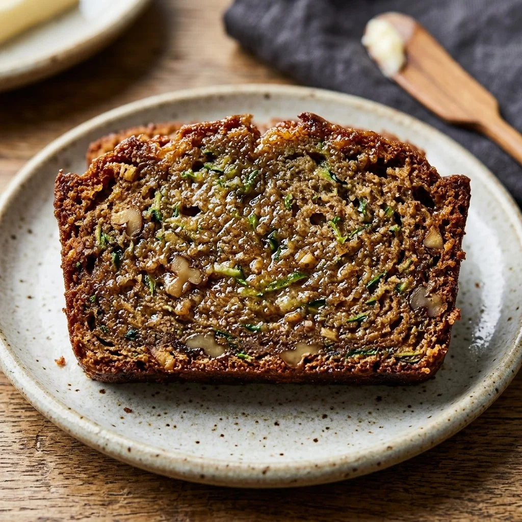 Loaf of freshly baked zucchini bread on a wooden cutting board