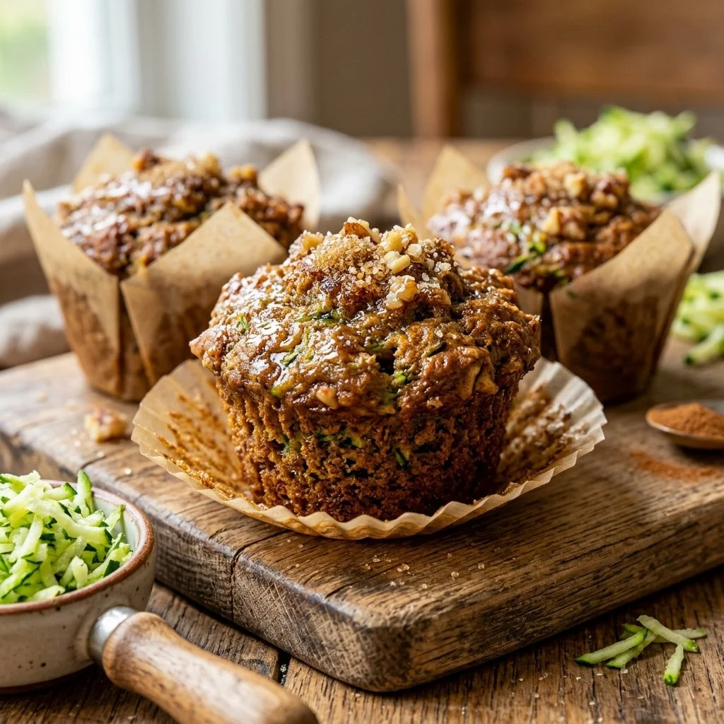 Freshly baked zucchini bread muffins on a wooden table