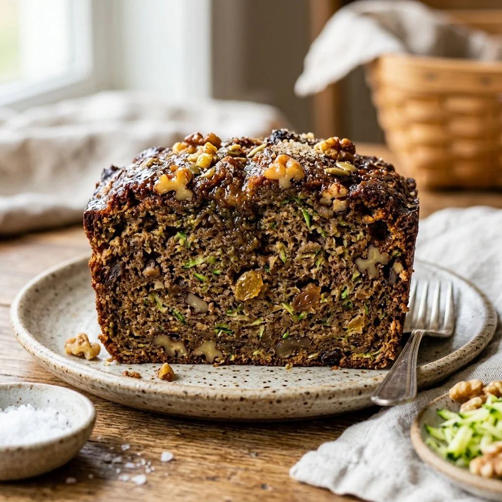 Slice of homemade zucchini breakfast bread on a plate