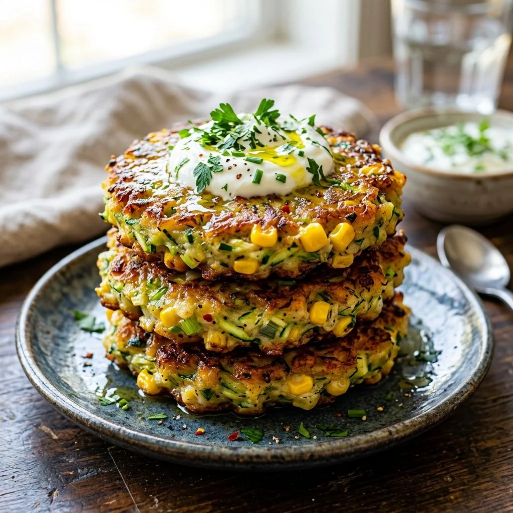 Zucchini corn fritters on a plate, a delicious and healthy snack.