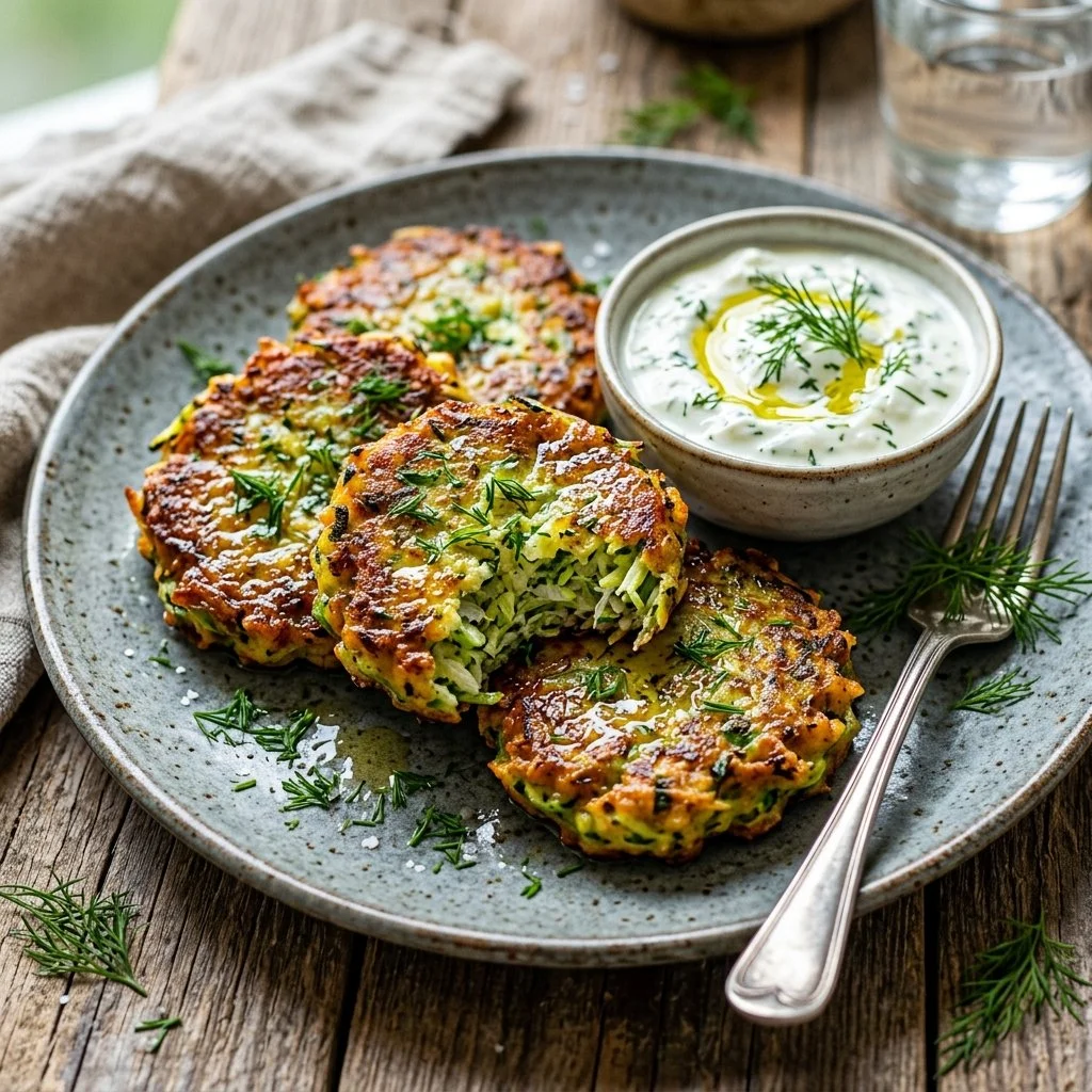 Crispy zucchini fritters served on a plate with dipping sauce