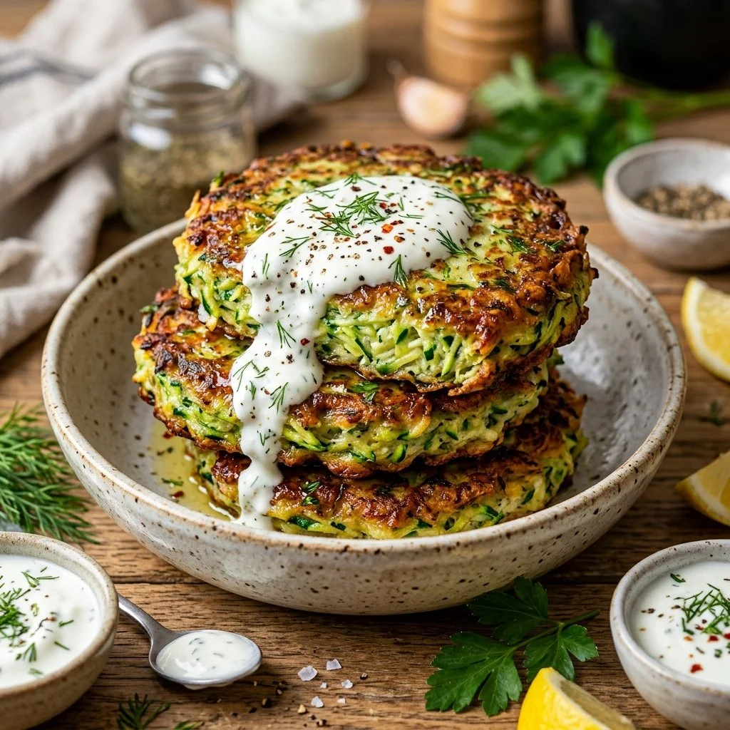 Plate of crispy zucchini fritters garnished with herbs.